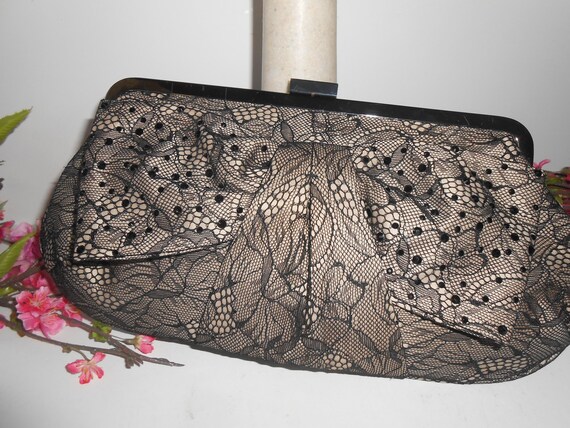 Black Cream Lace Evening Bag, Vintage Lace Clutch… - image 4