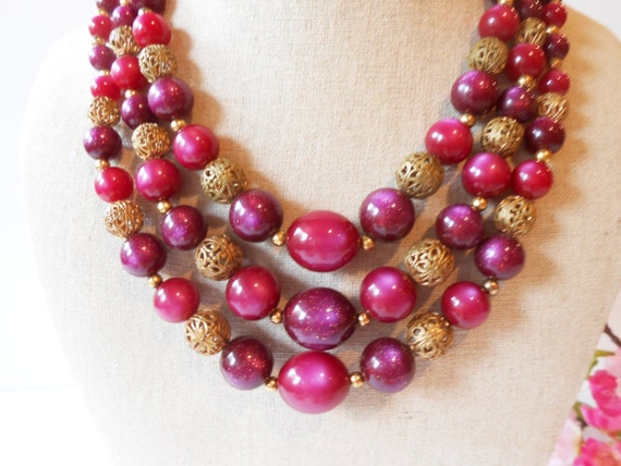 Vintage Plum Gold Bead Necklace, Jewel Tone Neckl… - image 6