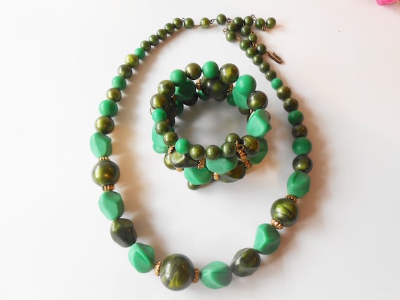 1950s Green Jewelry Set, Necklace Bracelet Set, G… - image 1