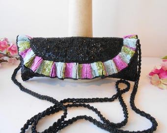 Black Beaded Evening Bag, Multicolor Bead Accents  Eb 0759