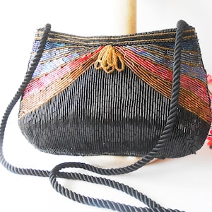 Black Beaded Clutch Purse, Multi Color Bead Trim,  Black Bead Evening Bag, After Five Bag, EB-0082