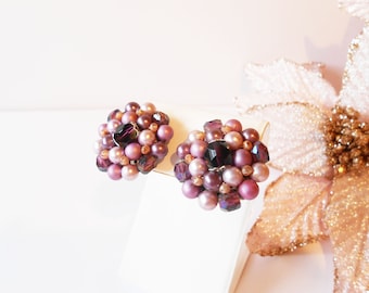 1950's Purple Lavender Bead Earrings Made in Japan, Pearl Cluster Style Clip-On Earrings, Jewelry Gift Her