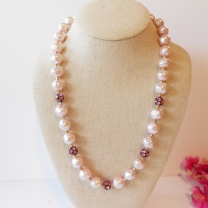 Blush Pink Pearl Necklace, Pink Rhinestone Accent, Single Strand, Pink Pearls, Gift for Her, Wedding Necklace, Bridesmaid Gift
