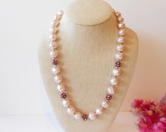 Blush Pink Pearl Necklace with Rhinestone Accent, 23" Single Strand