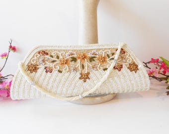 Pearl Beaded Evening Clutch, Floral Accents, EB 0660