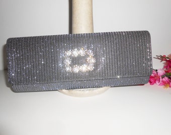 Grey Beaded Evening Clutch Bag, Rhinestone Flap, Party Purse