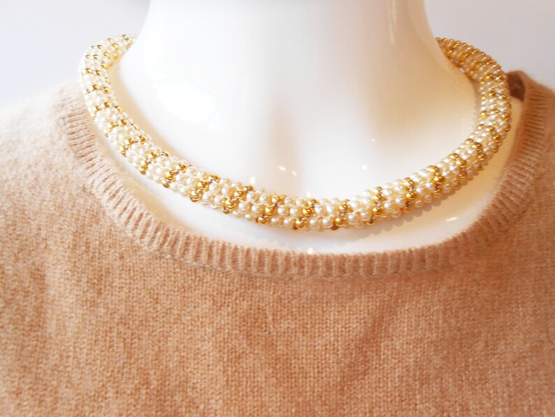Vintage Pearl Choker Necklace, Gold Bead Rope, 16.5 Inch image 4