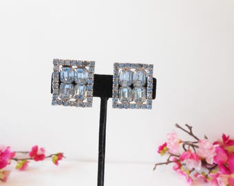 Blue Rhinestone Earrings, Clip On