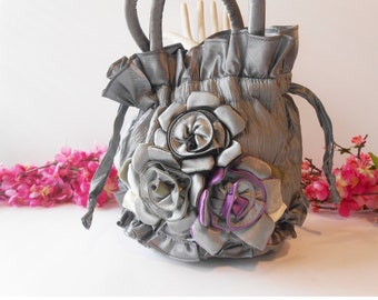 Grey Taffeta Evening Bag, Floral Trim, Grey Handbag, Grey Clutch, Mother Bride Bag, After Five EB-0288