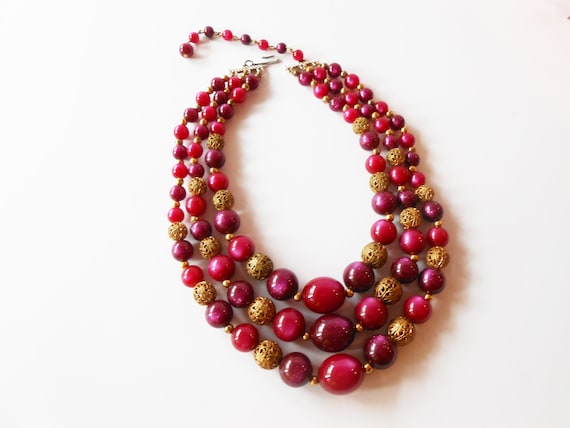 Vintage Plum Gold Bead Necklace, Jewel Tone Neckl… - image 2