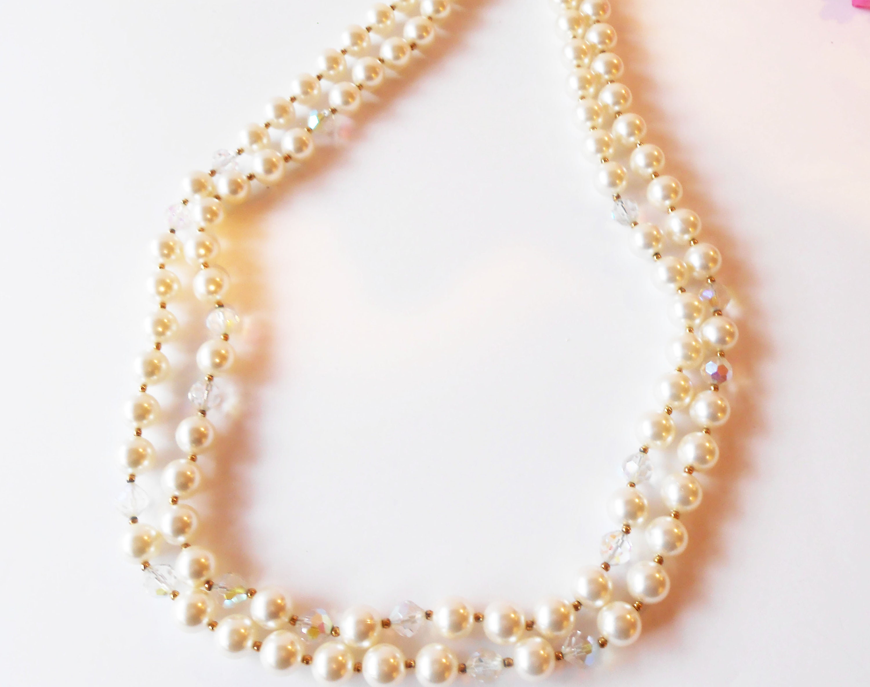 Vintage Pearl Necklace, Pearl and Clear Faceted Beads