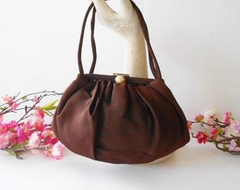 1950s Brown Faille Handbag, Rhinestone Clasp, Vintage Evening Purse EB-0690