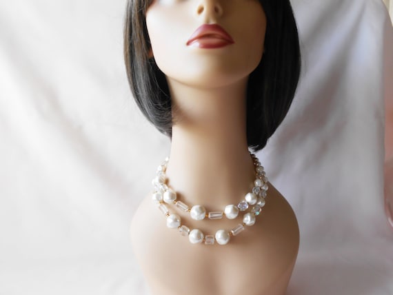 Pearl and Crystal Necklace, Double Strand Pearl N… - image 5