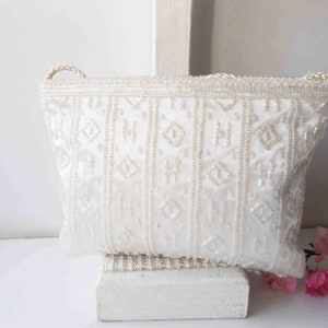 White Beaded Bridal Clutch Bag, Vintage White Beaded Clutch, White Wedding Purse, White Evening Bag EB-0623
