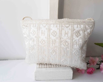 White Beaded Bridal Clutch Bag, Vintage White Beaded Clutch, White Wedding Purse, White Evening Bag EB-0623