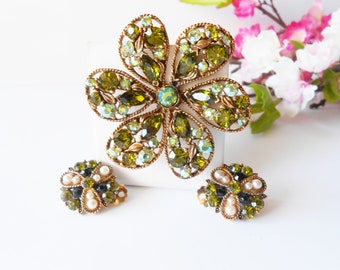Vintage Green Rhinestone Brooch and Earring Set,