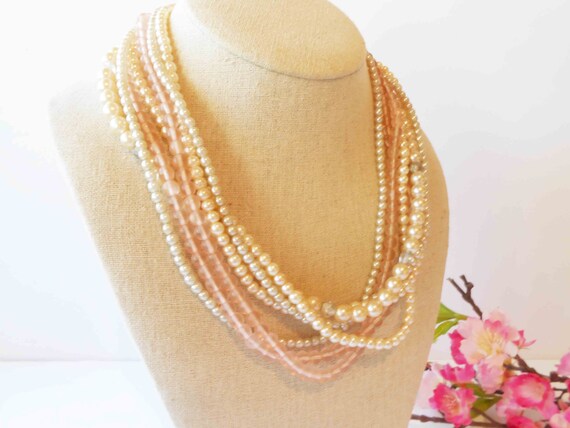 Pearl Necklace Blush Pink Beads, Vintage 80's Pea… - image 6