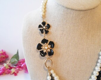 Pearlblack Necklace With Black Floral Accent, Triple Strand