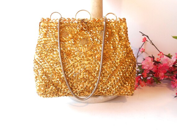 Gold Beaded Evening Bag, Gold Bead Clutch Bag, Af… - image 3