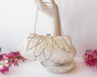 Beaded Wedding Clutch, Pearl Sequins Evening Bag, Made in Japan