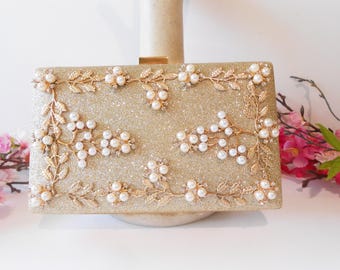Pearl Gold Evening Bag. Statement Clutch Bag EB-0698