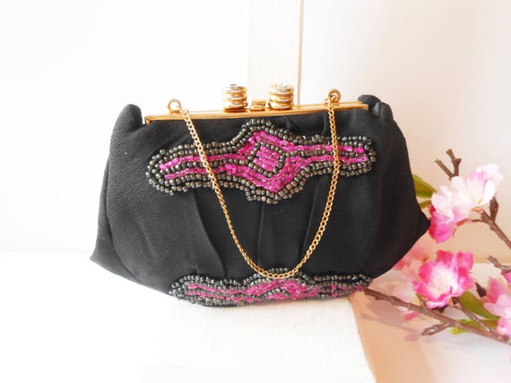 1950's Evening Bag,  Pink Black Beading, Petite B… - image 1