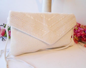 Vintage Pearl Beaded Wedding Clutch, White Bridal Evening Bag