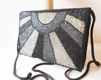 Beaded Evening Clutch, Black Silver Taffeta Purse