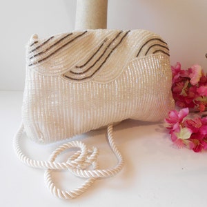 Vintage Iridescent Beaded Wedding Bag, Sparkly White Beaded Clutch, White Bead Brides Purse, White Evening Bag EB-0505 image 1