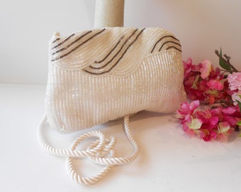 Vintage Iridescent Beaded Wedding Bag, Sparkly White Beaded Clutch, White Bead Brides Purse, White Evening Bag EB-0505