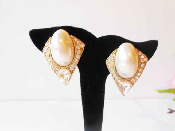 Vintage Pearl Earrings, Glamorous Faux Pearl Rhin… - image 1