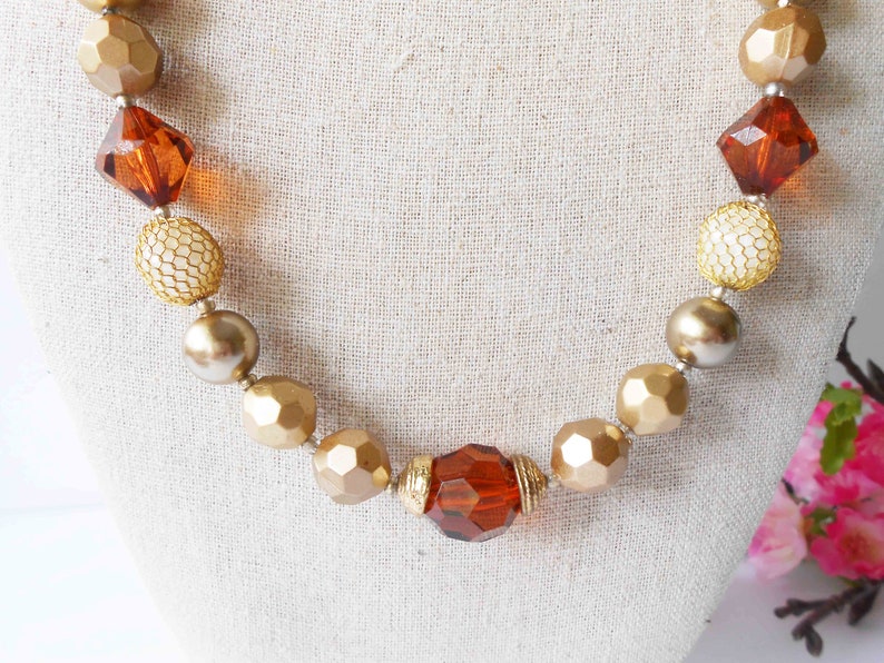 Single Strand Fall Wardrobe Accessory Pearl Vintage Bead Necklace Gold and Faux Amber Beads Fall Color Necklace