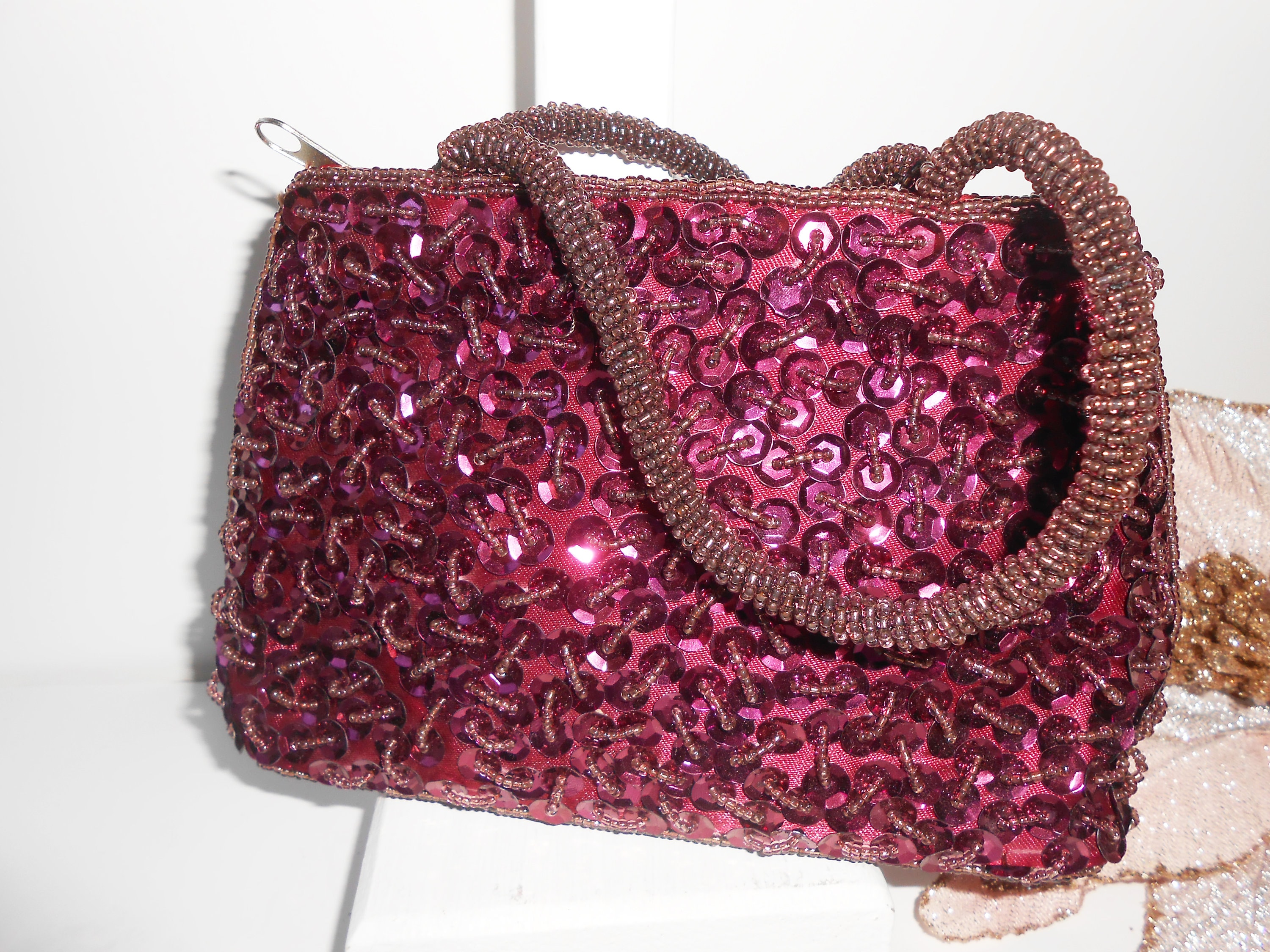 Red Bead Evening Bag, Glitzy Purse with Beads Sequins, Special Occasion Purse, Festive Handbag EB-0635