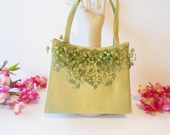 Vintage Green Pearl Evening Bag: Taffeta Party Purse