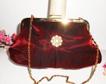 Vintage Red Shimmery Taffeta Evening Bag, Clutch Handbag, EB-0331