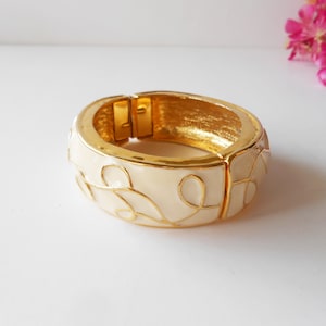 Hinged Cuff Bracelet in White and Gold, Hinged Cuff White Enamel, White Gold Scroll Design, Jewelry Gift for Her