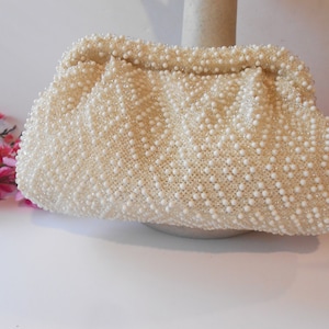 1940s Corde Bead Bag by Lumered, White Brides Purse, White Bridal Bag, Beaded Wedding Purse  EB-0556