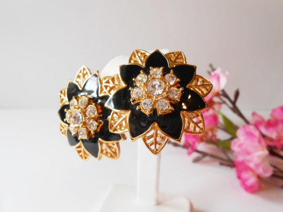Black Gold Floral Earrings, Vintage Black Lacquer… - image 1