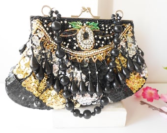 Beaded Evening Bag Black Gold, Sparkly Beaded Handbag, Special Occasion Bag, After-Five Purse,  Glamorous Handbag EB-0466