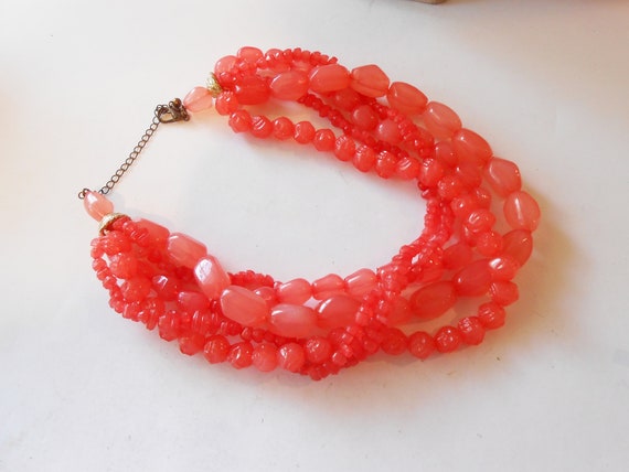 Watermelon Red Bead Necklace, 5 Strand Necklace, … - image 3