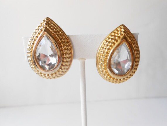 Vintage Rhinestone Clip-On Earrings, Tear Drop Sh… - image 3