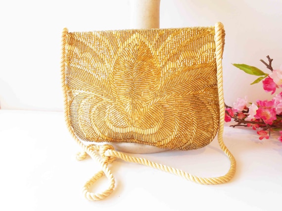 Vintage Gold Beaded Clutch Bag, Sparkly Gold Even… - image 1