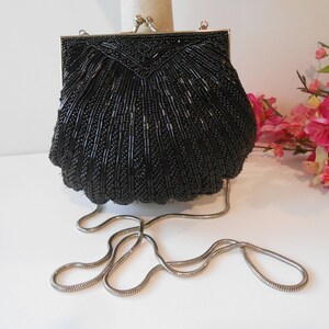 Vintage La Regale Black Glass Beaded Scallop Shell Purse Long