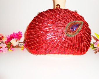 Red Beaded Evening Bag, Peacock Design EB-0257