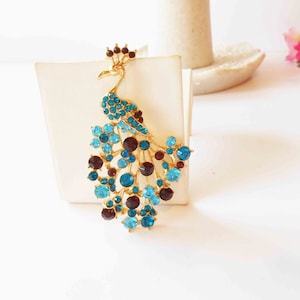 Vintage Rhinestone Peacock Brooch, Teal Purple Rhinestones, Vintage Monet Peacock Pin, Jewelry Gift Her