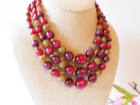 Vintage Plum Gold Bead Necklace, Jewel Tone Neckl… - image 9