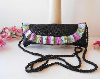Black Bead Evening Bag, Multi Color Bead Accents EB-0082