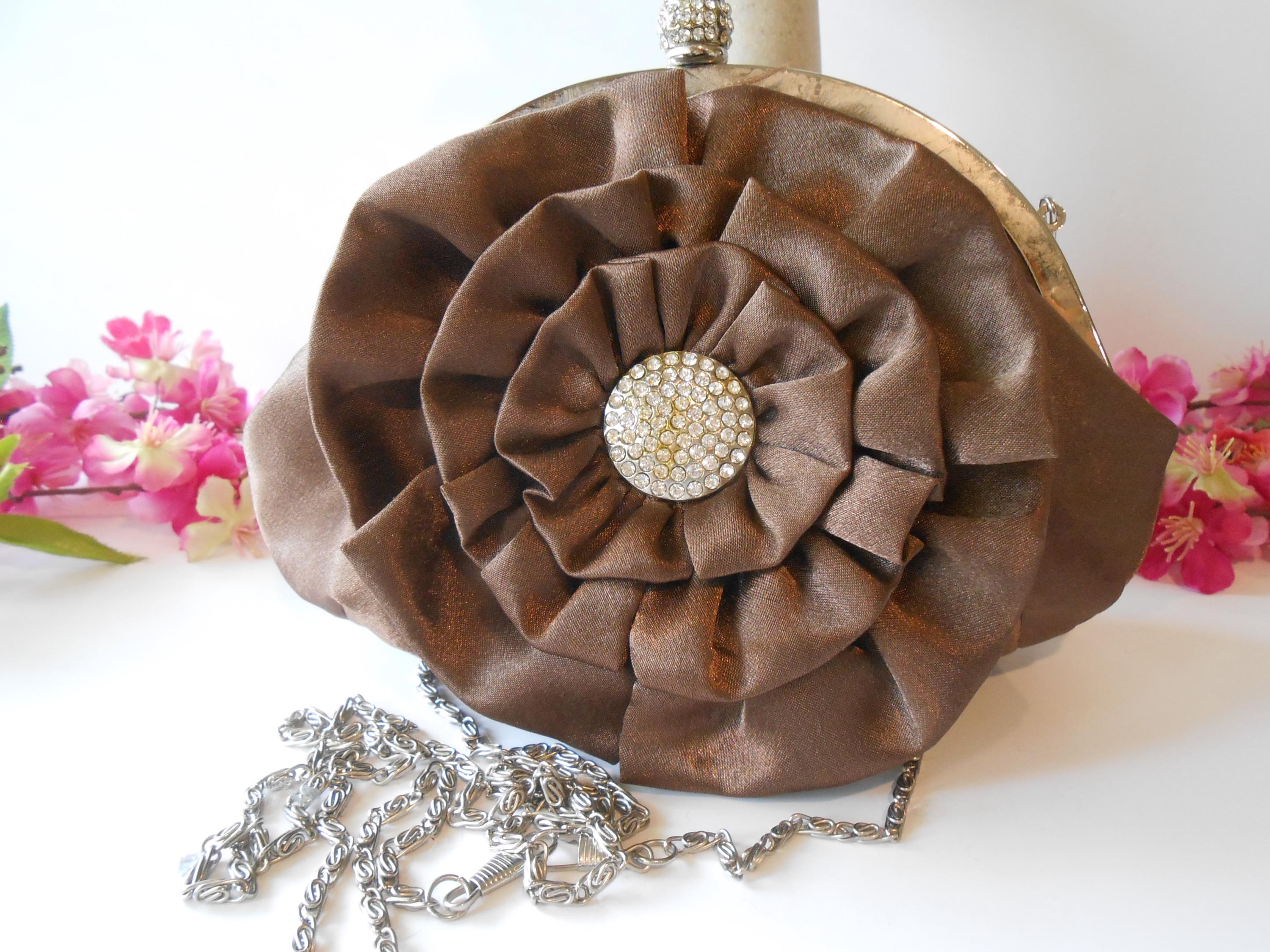 Brown tweed clutch w Gold-trim, Crystal Flower. Bag is sturdy and structured. Brown Taffeta Evening Bag: Rhinestone Flower Clutch  main image 2