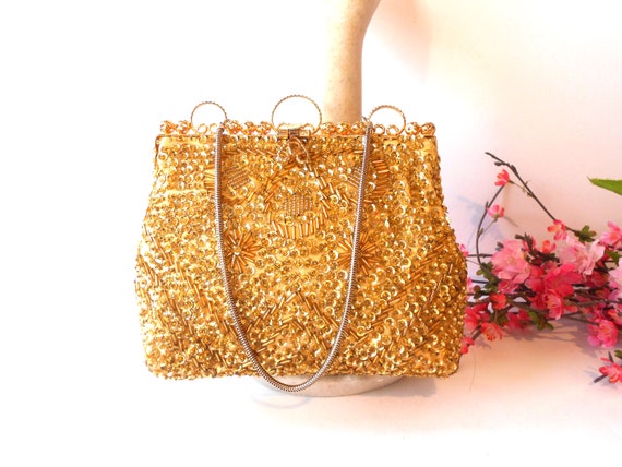 Gold Beaded Evening Bag, Gold Bead Clutch Bag, Af… - image 1