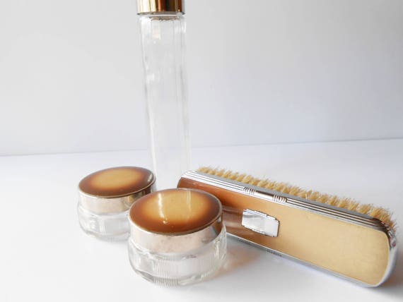 1950s Ladies Vanity Set, Glass Dresser Jars, Silvertone Trim